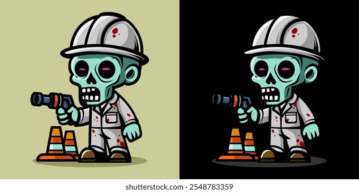 Una ilustración de un trabajador de la construcción zombi. Horror y elemento espeluznante. Diseño de elemento de Halloween. Aislado sobre fondo claro. Vector Eps 10.