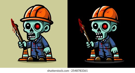 Una ilustración de un trabajador de la construcción zombi. Horror y elemento espeluznante. Diseño de elemento de Halloween. Aislado sobre fondo claro. Vector Eps 10.