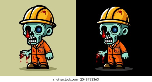 Una ilustración de un trabajador de la construcción zombi. Horror y elemento espeluznante. Diseño de elemento de Halloween. Aislado sobre fondo claro. Vector Eps 10.