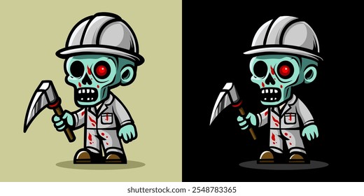 Una ilustración de un trabajador de la construcción zombi. Horror y elemento espeluznante. Diseño de elemento de Halloween. Aislado sobre fondo claro. Vector Eps 10.