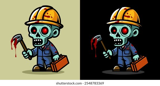 Una ilustración de un trabajador de la construcción zombi. Horror y elemento espeluznante. Diseño de elemento de Halloween. Aislado sobre fondo claro. Vector Eps 10.