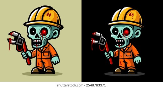 Una ilustración de un trabajador de la construcción zombi. Horror y elemento espeluznante. Diseño de elemento de Halloween. Aislado sobre fondo claro. Vector Eps 10.