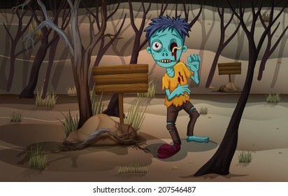 Illustration of a zombie at the forest with empty signboards