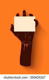 illustration of zombie hand grabing white color card on orange background
