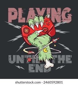 Abbildung einer Zombie-Hand, die einen Video-Gamecontroller hält. In: Cartoon Style Art.