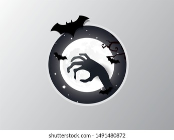 Illustration of zombie hand on Halloween night. Paper cut and craft style. vector, illustration.