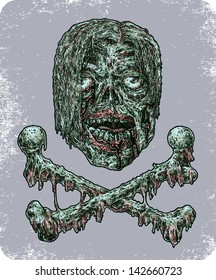 Illustration of a zombie head with crossbones.