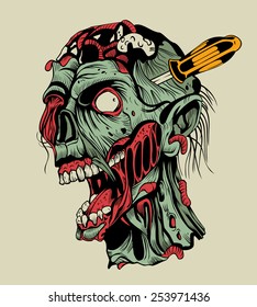 Illustration of zombie head with a screwdriver.
