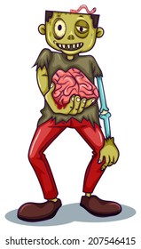 Illustration of a zombie holding his brain on a white background