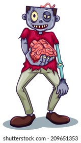 Illustration of a zombie holding his brain on a white background