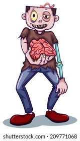 Illustration of a zombie holding his brain on a white background