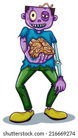 Illustration of a zombie holding his brain on a white background