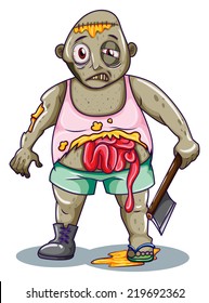 Illustration eines Zombie, der eine scharfe Waffe auf weißem Hintergrund hält  