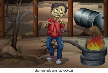 Illustration of a zombie near the burning tires