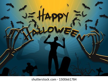 Illustration of zombie walking in a haunted cemetery with skeleton hands holding text