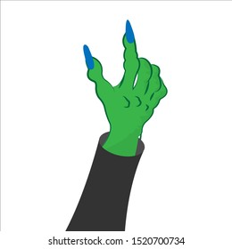 illustration of a zombie or witch hand. Hand ready for something be laying into this hand. Halloween template for different purpose. Motion or sign or gesturesowing by witch hand