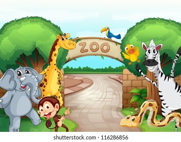 illustration of a zoo and the animals in a beautiful nature