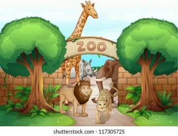 illustration of a zoo and the animals in a beautiful nature