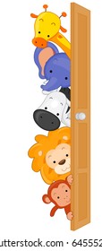 Illustration of Zoo Animals Peeping From Behind a Door