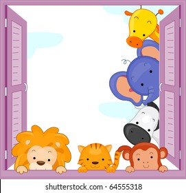 Illustration of Zoo Animals Peeping at the Window