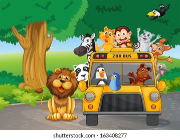 Illustration of a zoo bus full of animals