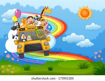 Illustration of a zoo bus at the hilltop with a rainbow in the sky