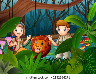 Illustration of zookeeper boy and girl with a lion in the jungle
