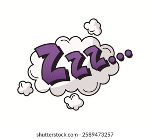 Illustration of ZZZ in comic style inside fluffy speech bubble. Purple letters within cloud graphic evoke ideas of sleep and rest. Perfect for dream-related designs.