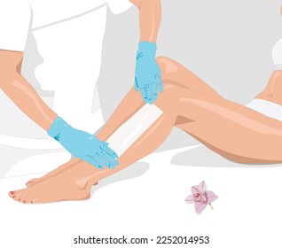 Illustration.A beautician makes a sugar paste depilation of a woman's legs in a beauty salon. Female aesthetic cosmetology.