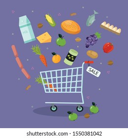 Illustration-a food basket with products feeding into it and the icon " sale"