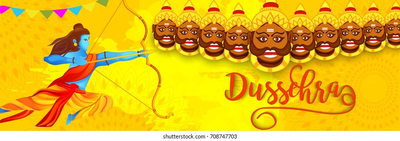 Illustration,banner or poster of dussehra with ten headed Ravana.