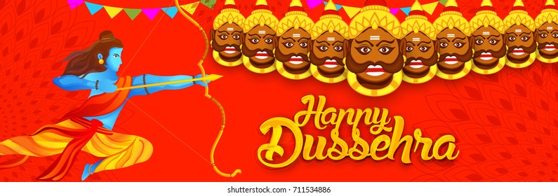 Illustration,banner or poster of dussehra with ten headed Ravana.