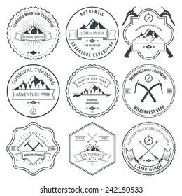 illustrationCamping mountain adventure hiking explorer equipment labels set isolated vector