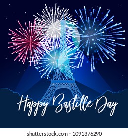 illustration,card,banner or poster for the French National Day.Happy Bastille Day. Eiffel Tower and salutes