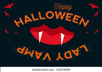 Illustration/cartoon happy halloween lady vamp card with red lips, teeth and bats, poster, background, web banner with text.