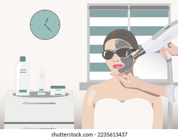 Illustration.Cosmetologist doing carbon peeling procedure to beautiful blue-eyed girl in a beauty salon. Hardware cosmetology treatment.