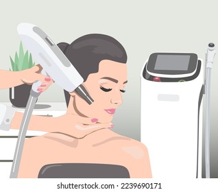 Illustration.Cosmetologist doing carbon peeling procedure to beautiful girl in a beauty salon. Hardware cosmetology treatment.