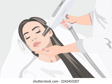 Ilustración.Cosmetólogo haciendo procedimiento de descascarillado de carbono a una bella chica en un salón de belleza. Tratamiento de cosmetología de hardware.