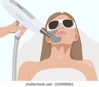 Illustration.Cosmetologist doing carbon peeling procedure to beautiful girl in a beauty salon. Hardware cosmetology treatment	