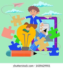 Illustration,creativity,people and brightness on the puzzle path that fly to success