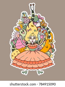 Illustration-doodle girl with her toys, sweets, etc.