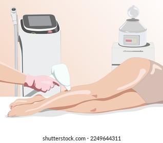 Illustration.Elos epilation, hair removal procedure on a woman’s body. Beautician doing laser rejuvenation in a beauty salon. Removing unwanted body hair.	