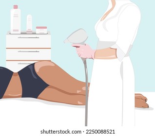 Illustration.Elos epilation, hair removal procedure on a woman’s body. Beautician doing laser rejuvenation in a beauty salon. Removing unwanted body hair.
