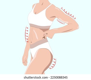 illustration.Girl pulls the skin on the abdomen, showing the body fat. Treatment and disposal of excess weight, the deposition of subcutaneous fat