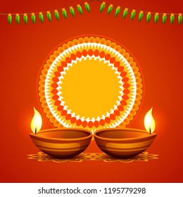 Illustration,Greeting Card Design For Festival Of Diwali With Beautiful Burning 
Diya.