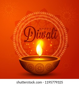 Illustration,Greeting Card Design For Festival Of Diwali With Beautiful Burning 
Diya.