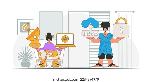 illustrationGuy and girl form a team in the Internet of Things sector, depicted in a contemporary and vector art style.