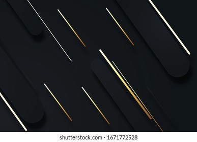 illustrationof golden 3d black papercut background. Geometric shapes textured with glitters black background abstract