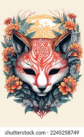 illustrationof kitsune mask artwork with sakura flower, japanese mask vector wall art print japan style