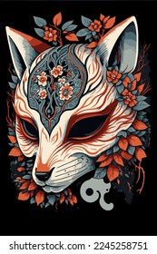 illustrationof kitsune mask artwork with sakura flower, japanese mask vector wall art print japan style